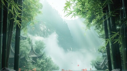 Aufkleber - Ancient Chinese, bamboo forest, wind blowing, bamboo leaves fluttering. Generative AI.
