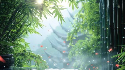 Aufkleber - Ancient Chinese, bamboo forest, wind blowing, bamboo leaves fluttering. Generative AI.