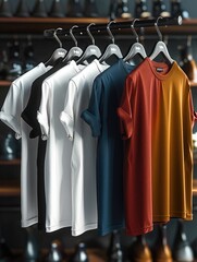 Poster - 5 smooth, beautiful neat T-shirts without folds, super smooth, the color of the T-shirts is white, black and dark red, blue, khaki. the color of the hangers is black. Generative AI.