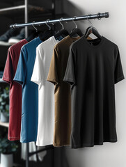Poster - 5 smooth, beautiful neat T-shirts without folds, super smooth, the color of the T-shirts is white, black and dark red, blue, khaki. the color of the hangers is black. Generative AI.
