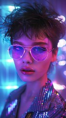 Poster - Close-up portrait of a woman in sunglasses, illuminated by neon lights.