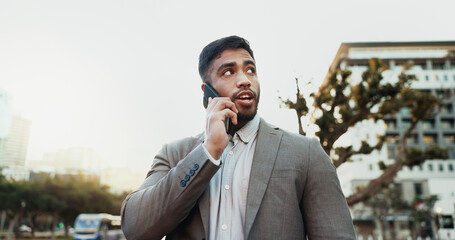 Canvas Print - Business, man and talking with phone call in city for company consultation, networking or discussion. Professional, employee and smartphone in town for communication or conversation on sidewalk space