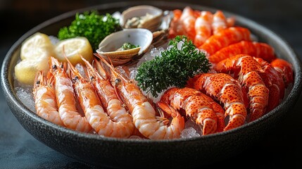 A seafood platter featuring lobster crab shrimp an  673 food, shrimp, seafood, meal, prawn, dinner, plate, fresh, shrimps, shellfish, gourmet, cooked, dish, grilled, delicious, healthy, sea, restauran