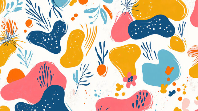 Vibrant abstract shapes pattern with organic fluid forms and small whimsical flowers, set on a clean white background1