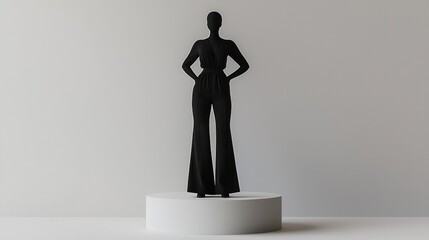 a detailed 3d conceptual photograph of a jumpsuit displayed on a mannequin standing on a minimalist 