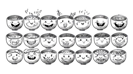 Poster - A collection of cute cartoon bowls with various expressions and ingredients, drawn in a black and white style.