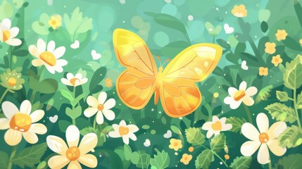 Wall Mural - A golden butterfly flies over a meadow of white flowers and green leaves.