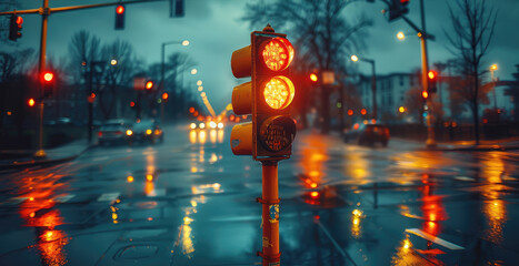 Poster - A traffic light at a busy intersection on a gloomy evening. The sky is overcast with dark clouds, and the street is wet from recent rain. Generative AI.
