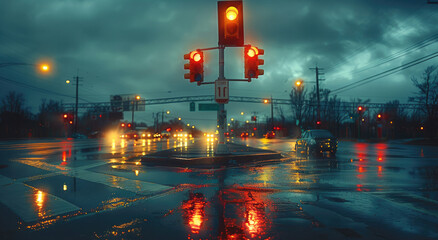 Wall Mural - A traffic light at a busy intersection on a gloomy evening. The sky is overcast with dark clouds, and the street is wet from recent rain. Generative AI.