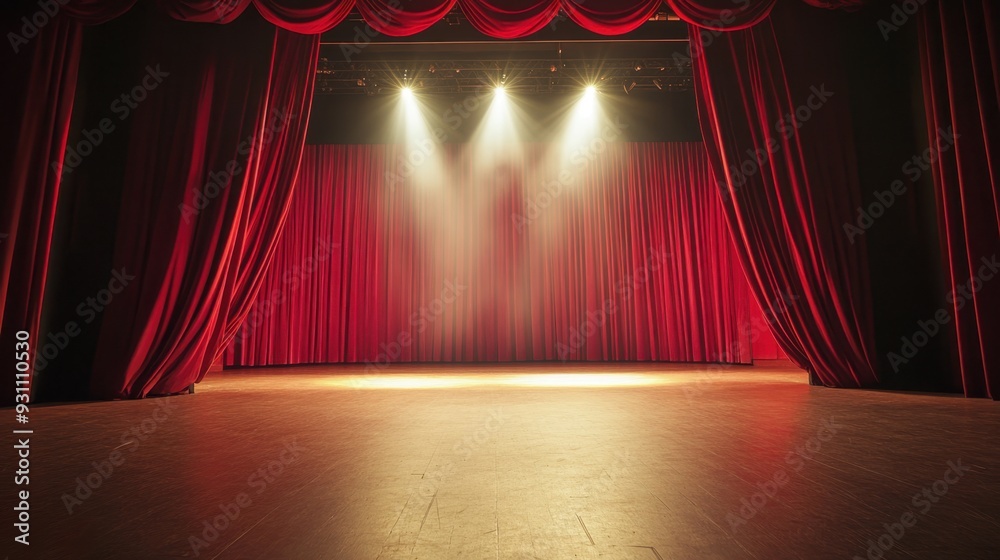 An empty theater stage with red velvet curtains slightly open ...