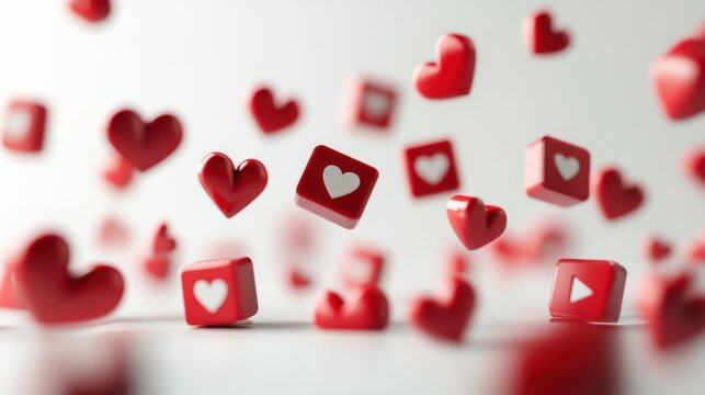 Falling red notification icons with heart, comment, and follow symbols, set against a clean white background. The 3D rendering highlights social media engagement visually.