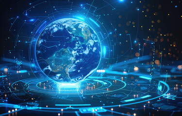Aufkleber - Abstract digital technology background with a blue glowing sphere, planet Earth, and hologram elements on a dark blue background. Digital futuristic concept for a business presentation design.