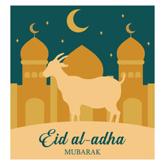 Wall Mural - Eid Al-Fitr Mubarak. Greeting card with sacrificial lamb and crescent moon on cloudy night background. flat vector modern illustration