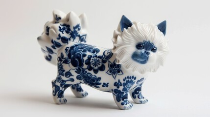 white porcelain figurine of a dog with blue and white floral pattern.