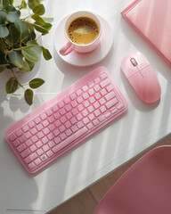 Aufkleber - A pink keyboard, a mouse, on a white table, with a cup of coffee beside it. top view. Generative AI.