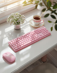 Aufkleber - A pink keyboard, a mouse, on a white table, with a cup of coffee beside it. top view. Generative AI.