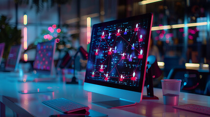 An image of computer screen on table ,Computer monitor with program code ,Programming and coding concept ,Internet, social networking connections, online communication, gadgets devices, phones chats