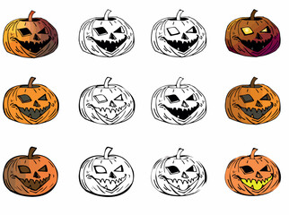 Stylized Pumpkin Witch Set Line Clip Art Design Linear Halloween Witchcraft Magic Elements icons. Doodle  elements and-drawn illustration for holiday designs, decorations. Cartoon line drawing