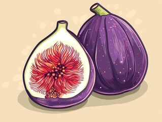 Canvas Print - A whole and halved purple fig with a detailed illustration of its inner structure.