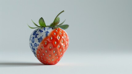 Poster - A single red strawberry with blue and white floral designs on one side against a white background.