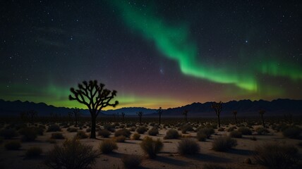 a green aurora over a desert landscape with a tree in the foreground.