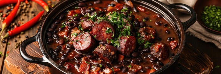 Canvas Print - Traditional Brazilian Feijoada with Black Beans, Bacon, and Sausage