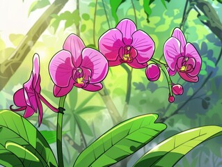 Canvas Print - Pink orchid flowers with green leaves in the sun.