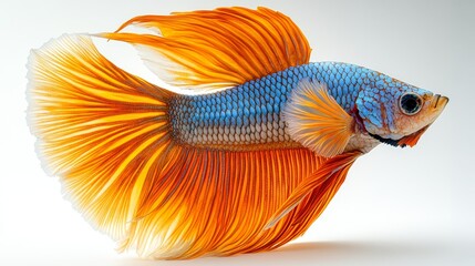 Side view of a graceful betta fish with flowing fi  701 fish, goldfish, aquarium, isolated, animal, gold, water, sea, pet, white, tropical, orange, underwater, nature, red, fin, cartoon, swim, betta, 