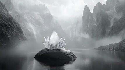 Majestic Black and White Ice Dragon Emerges from Crystal Egg: A Striking Poster for Sports Interiors, Showcasing Dramatic Contrast in a Serene Mountain Lake Setting