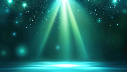 Wall Mural - light blue and green gradient background, glowing light effects, stars and halos
