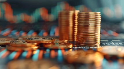 Poster - Asset allocation planning, investment charts, pile of coins, focus cover all object. Generative AI.