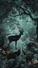 Canvas Print - A lone deer stands on a rocky outcrop in a shadowy forest, surrounded by foliage and a butterfly.