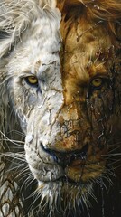 Wall Mural - Closeup of a white and brown lion with dripping liquid on its fur.