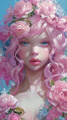 Canvas Print - A young woman with pink hair and blue eyes is surrounded by pink flowers.