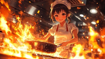 Anime female chef cooking with passion in a lively kitchen