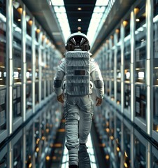 Fototapete - Rear view, Astronaut searching for files in massive document lockers. Generative AI.