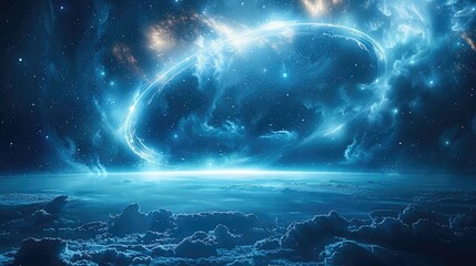 Poster - A huge 3D space with a suspended halo in the center, transparent geometry and glowing particles floating around, a dark blue gradient background, digital art, background graphics. Generative AI.