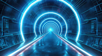 Poster - Abstract futuristic tunnel with blue neon lights, time travel concept background. Generative AI.