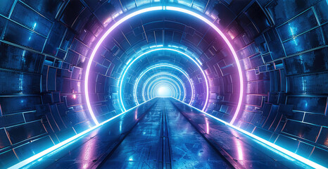 Poster - Abstract futuristic tunnel with blue neon lights, time travel concept background. Generative AI.