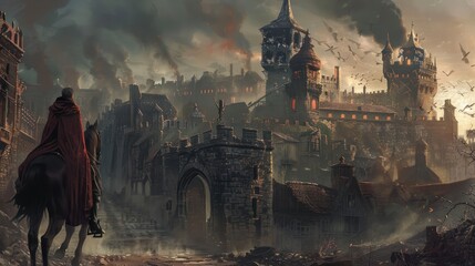 A lone rider on horseback travels through a smoke-filled city with a destroyed castle in the background.