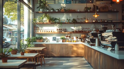 Fototapete - A chic urban cafe with artisanal coffee, minimalist decor, and bustling professionals. Generative AI.