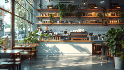 Poster - A chic urban cafe with artisanal coffee, minimalist decor, and bustling professionals. Generative AI.