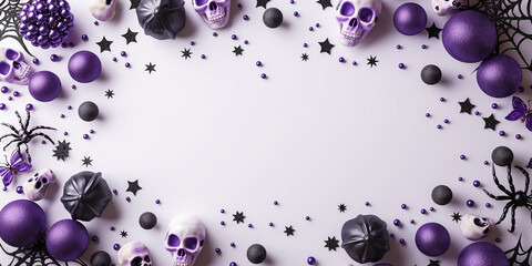 Wall Mural - Halloween background with a white flatlay and purple skulls decoration frame, minimalist background