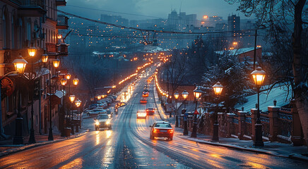 Poster - A very beautiful image of an evening in the city. road. Generative AI.
