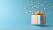 © Tackey - Colorful gift box with a ribbon and confetti on a blue background. Perfect for celebrations, birthdays, and holidays.