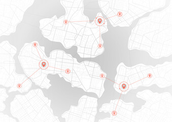 Wall Mural - Extensive city scheme featuring points of interest. Abstract navigation plan of the urban area. General city map indicating streets, roads, and buildings. Vector illustration