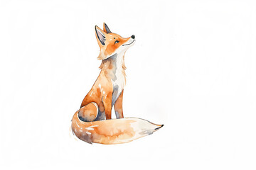 Watercolor illustration of a fox sitting and looking up with abstract splashes on a neutral background. Animal character design for print and decoration