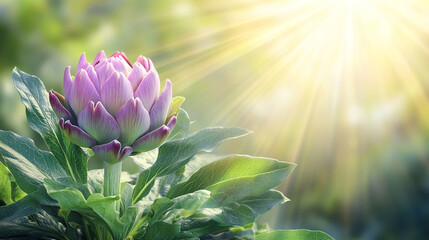 Sticker - artichoke plant bathed in sunlight, showcasing its ripe, blooming flower. The scene symbolizes growth, natural beauty, and the rewards of nurturing