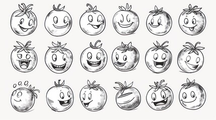 Canvas Print - 18 black and white tomato illustrations with different facial expressions.