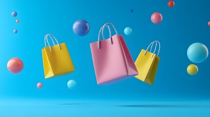 Colorful shopping bags floating amidst vibrant balloons on a blue background, creating a fun and playful vibe for retail and shopping themes.